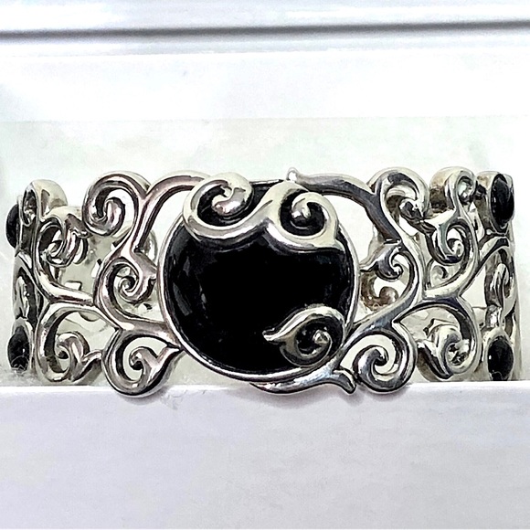 BARSE Sterling Silver Scroll Filigree Overlay Black Onyx Cabochon Cuff Bracelet - Picture 3 of 15